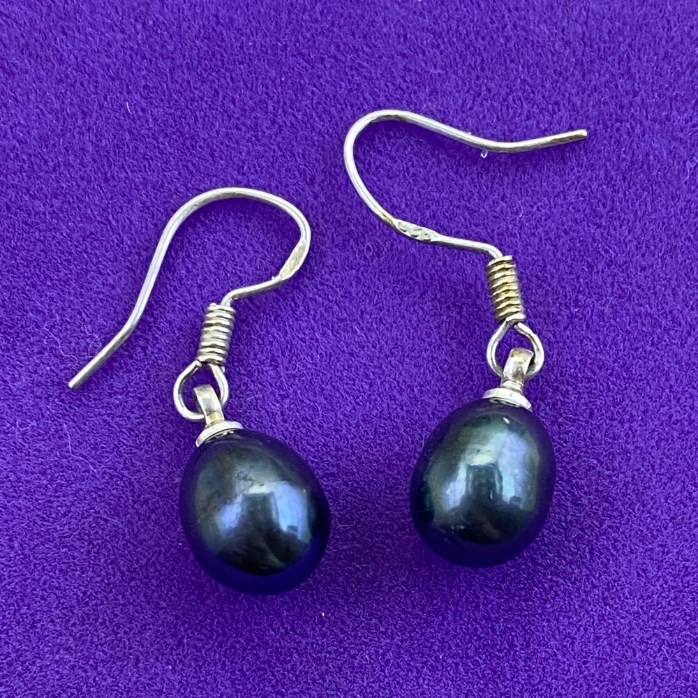 💛 Genuine Black Pearl Drop Earrings | Sterling Silver 925 Hook Earrings